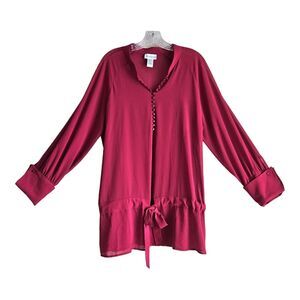 SOFT SURROUNDINGS L Tunic Top Burgundy Chiffon Satiny Buttons Drawstring 44"